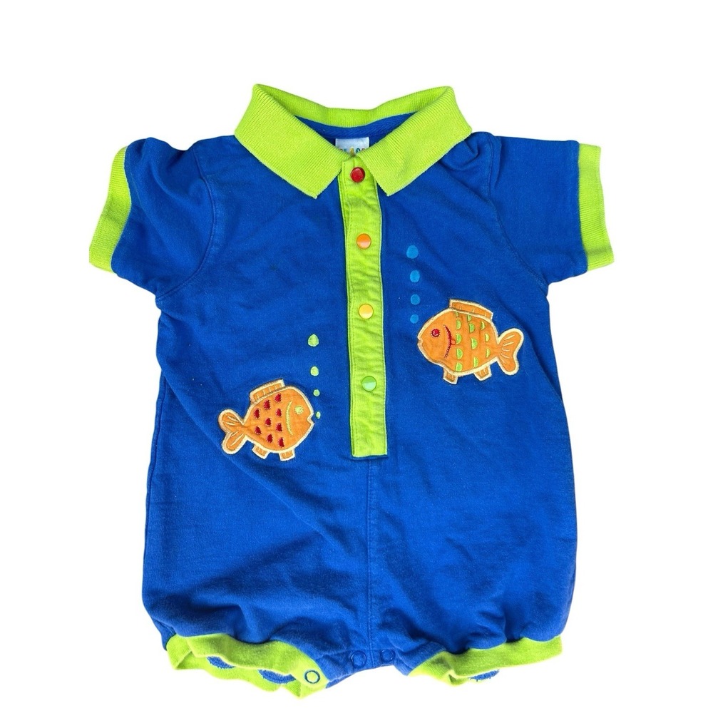 Vintage Colorblock Baby Romper One-Piece Fish Appliqué 100% Cotton Knit 9M 90s‎